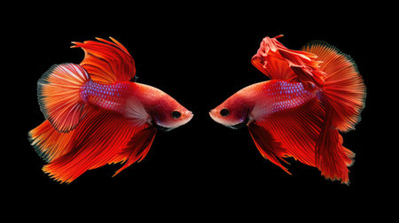 Beautiful movement of red betta fish, Two Fancy Halfmoon Betta, The moving moment beautiful of Siamese Fighting fish, Betta splendens, Rhythmic of Betta fish isolated on black background.の素材