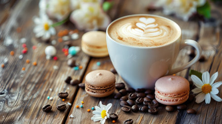 Cup of coffee cappuccino with flower shaped, macarons and coffee beans on old wooden backgroundの素材