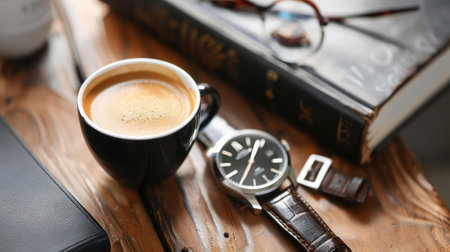 coffee in a cup on the table . watches and books are lying nextの素材