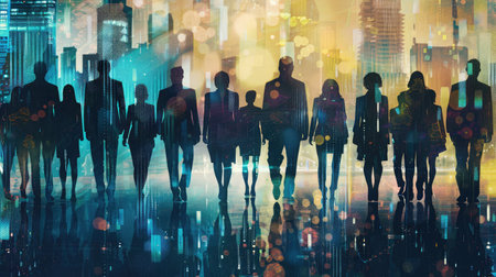 Group of business people outlines with lit background . Mixed mediaの素材
