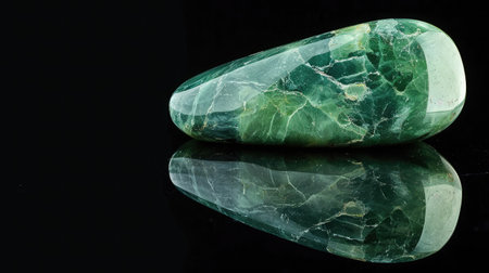Jadeite mineral stone close up with reflection on black surface backgroundの素材