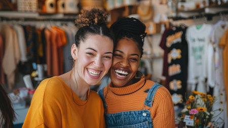 Two happy businesswomen smiling while working in a thrift store. Female entrepreneurs running an e-commerce smallの素材