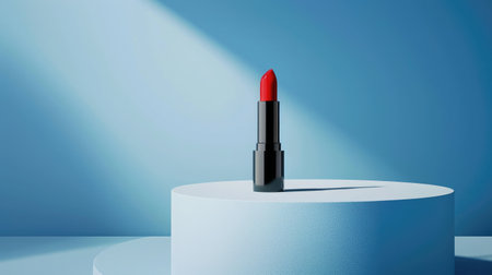 Red Lipstick on white podium at blue background. Makeup, cosmetic product.の素材