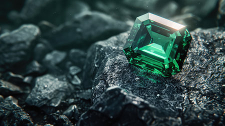 The emerald gemstone jewelry cut with dark stone background.の素材