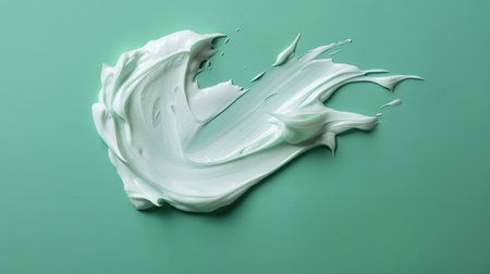 White cosmetic cream texture, skincare lotion swatch on green. Face creme, body moisturiser, hair conditioner smear smudge stroke on color background. Creamy beauty product closeupの素材