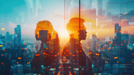 Silhouettes of business people working at corporate office in downtown. Work hard and business development concept. Double exposureの素材