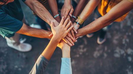 Close up top view of young people putting their hands together. Friends with stack of hands showing unity and teamwork.の素材