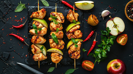 Chicken skewers with slices of apples and chili. Top viewの素材