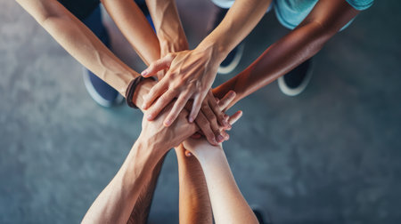 Close up top view of young people putting their hands together. Friends with stack of hands showing unity and teamwork. --ar 16:9 Job ID: c9f6f4df-26f5-477c-91f8-063c7004d700の素材