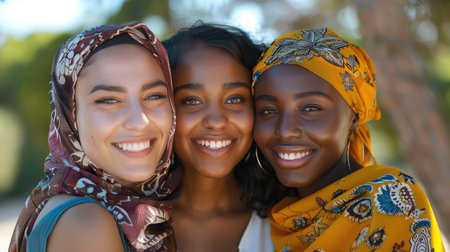 Group of three happy multiethnic friends looking at camera. Portrait of young women of different cultures enjoying vacation together. Smiling islamic girl with two african american friends outdoor. --ar 16:9 Job ID: 796ebac7-1aaa-454f-adff-d2454e6e835cの素材