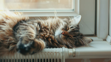 domestic lazy long-haired young whiskered cat lies and stretches against background of window and heating radiator, concept of autonomous heating, warm floors, sick animal, summer heat. sad animalの素材