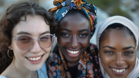 Group of three happy multiethnic friends looking at camera. Portrait of young women of different cultures enjoying vacation together. Smiling islamic girl with two african american friends outdoor. --ar 16:9 Job ID: 796ebac7-1aaa-454f-adff-d2454e6e835cの素材