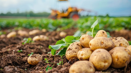 harvesting potatoes on the ground on a background of fieldの素材