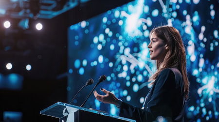 Female Motivational Speaker on Stage, Talking about Happiness, Diversity, Success, Leadership, STEM and How to Be Productive. Woman Presenter Leads Tech Business Conference.の素材