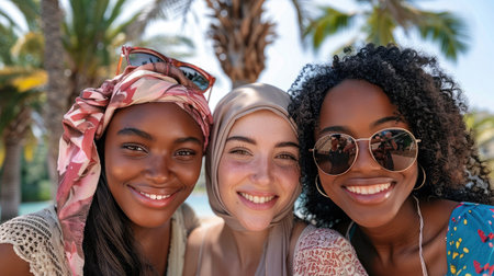 Group of three happy multiethnic friends looking at camera. Portrait of young women of different cultures enjoying vacation together. Smiling islamic girl with two african american friends outdoor. --ar 16:9 Job ID: 15f3c064-18e0-41e2-b5e5-3533a5017253の素材