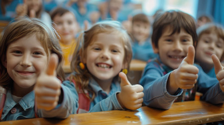 Happy children smiling and laughing in the classroom, showing thumb up, successful pupils and teacher --ar 16:9 Job ID: 5621b4e6-396f-40c0-831c-9d9c10c79c53の素材
