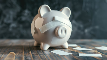 Financial problem, Bankrupt or fail in business concept. White piggy bank with plastic adhesive bandages on wooden desk with dark copy space wall background. Fail, Bankrupt or unsuccessful ideaの素材