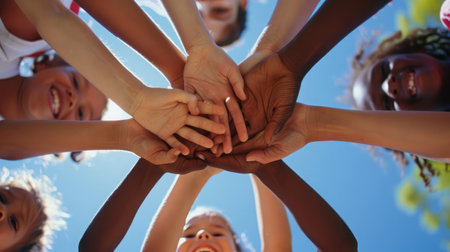 Close up of multiethnic children's hands making pile against blue sky.の素材