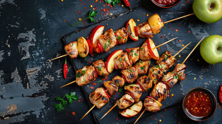Chicken skewers with slices of apples and chili. Top viewの素材