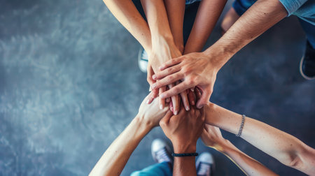 Close up top view of young people putting their hands together. Friends with stack of hands showing unity and teamwork. --ar 16:9 Job ID: a9de3b9e-a7fa-4e53-80b5-cfc0b305efe3の素材