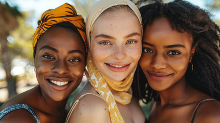 Group of three happy multiethnic friends looking at camera. Portrait of young women of different cultures enjoying vacation together. Smiling islamic girl with two african american friends outdoor. --ar 16:9 Job ID: 796ebac7-1aaa-454f-adff-d2454e6e835cの素材