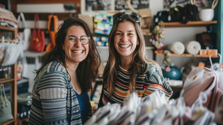 Two happy businesswomen smiling while working in a thrift store. Female entrepreneurs running an e-commerce small --ar 16:9 Job ID: d6cb3f12-5d83-4068-aecc-474584e17915の素材