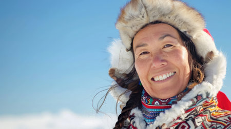 Smiling Eskimo woman wearing traditional clothing in wind against clear blue skyの素材