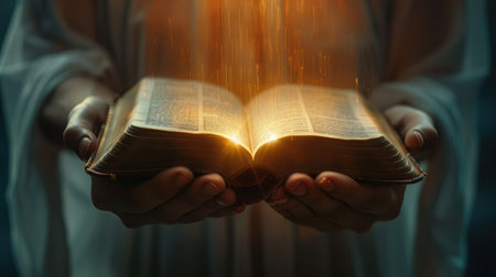 Light coming from book in woman's hands in gesture of giving, offering. Concept of wisdom, religion, reading, imagination.の素材