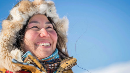 Smiling Eskimo woman wearing traditional clothing in wind against clear blue skyの素材