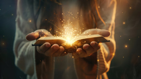 Light coming from book in woman's hands in gesture of giving, offering. Concept of wisdom, religion, reading, imagination.の素材