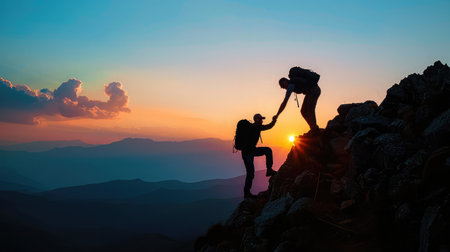 Teamwork friendship hiking help each other trust assistance silhouette in mountains, sunrise. Teamwork of two men hiker helping each other on top of mountain climbing team beautiful sunriseの素材