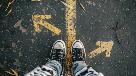 Youth street lifestyle. Male sneakers on asphalt road with drawn direction arrow as millennial education guidance, student guide, consultation and advisory, top view.の素材