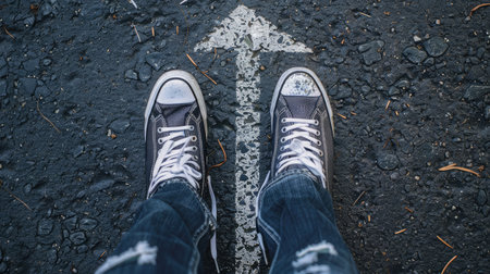Youth street lifestyle. Male sneakers on asphalt road with drawn direction arrow as millennial education guidance, student guide, consultation and advisory, top view.の素材