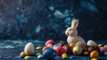 Rubbit chocolate easter eggs ,bunny and sweets on dark blue backgroundの素材