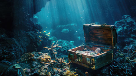 Open treasure chest sunken at the bottom of the seaの素材