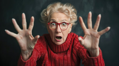 middle age woman feeling stupefied and scared, fearing something frightening, with hands open up front saying stay awayの素材