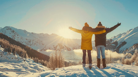 tree happy friends are standing and embracing against snow capped mountains at sunny day. Winter vacations conceptの素材