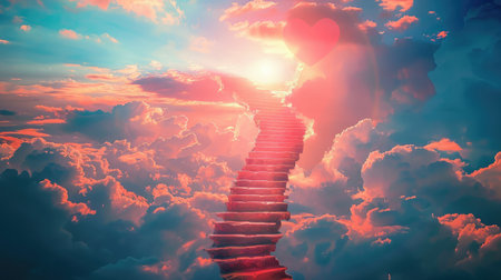 Stairway to Heaven.Stairs in sky. Concept with sun and clouds. Religion background. Red heart shaped sky at sunset. Love background with copy space.の素材