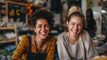Two happy businesswomen smiling while working in a thrift store. Female entrepreneurs running an e-commerce small --ar 16:9 Job ID: d6cb3f12-5d83-4068-aecc-474584e17915の素材