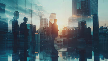 Silhouettes of business people working at corporate office in downtown. Work hard and business development concept. Double exposureの素材