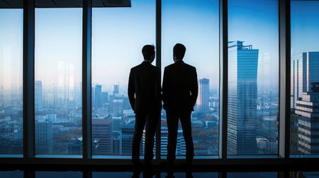 Back view silhouettes of two business partners looking thoughtfully out of a office window in situation of bankruptcy,team of businesspeople in fear or risk watching cityscape from skyscraperの素材