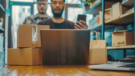 Entrepreneurs Small Business SME Independent men work at home Use smartphones and laptops for commercial checking, online marketing, packing boxes, SME sellers, concept, e-commerce team, online salesの素材