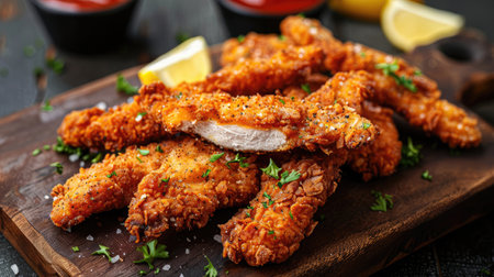 Breaded chicken strips. Chicken fingersの素材