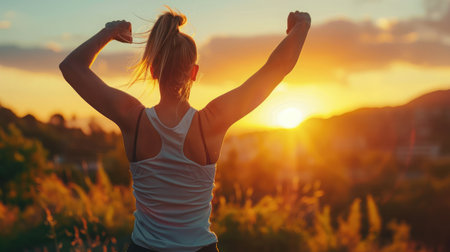 Happy successful sportswoman raising arms to the sky on golden back lighting sunset summer. Fitness athlete with arms up celebrating goals after sport exercising and working out outdoors. Copy spaceの素材