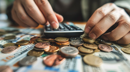 Businessman holding euro cents coins dollar bills on table with pile of coins and banks calculator, managing dividing money to save and invest it to make income. Saving money and investing concept.の素材