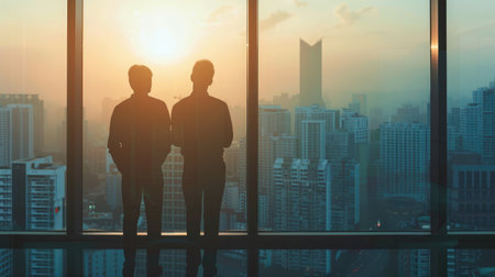 Back view silhouettes of two business partners looking thoughtfully out of a office window in situation of bankruptcy,team of businesspeople in fear or risk watching cityscape from skyscraperの素材