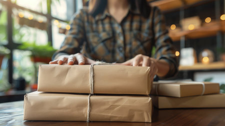 Closeup view of female online store small business owner seller entrepreneur packing package post shipping box preparing delivery parcel on table. Ecommerce dropshipping shipment service concept.の素材