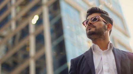 Confident rich eastern indian business man executive standing in modern big city looking and dreaming of future business success, thinking of new goals, business vision and leadership concept.の素材