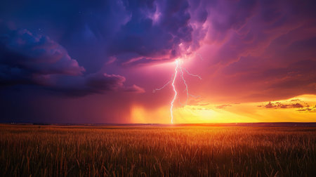 Lightning strike on the horizon during an electrical storm on the prairiesの素材