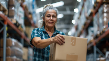 Mature warehouse worker packing a cardboard box in a distribution centre. Female logistics employee preparing an online order for shipment in a large fulfillment centre.の素材